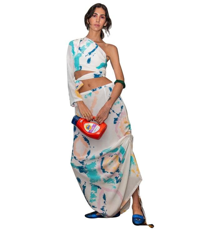 ps pret by payal singhal off-white sofia ikat splash crepe one shoulder side tie up choli with skirt