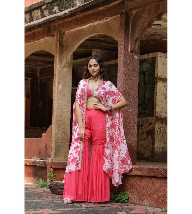 scakhi coral chinon silk floral print choli with sharara and cape