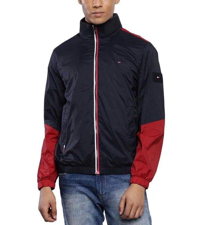 tommy hilfiger blue & red colour-block regular fit bomber jacket