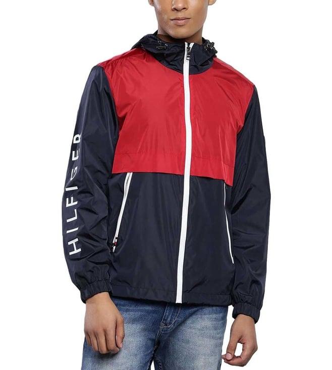 tommy hilfiger blue & red colour-block regular fit windbreaker jacket