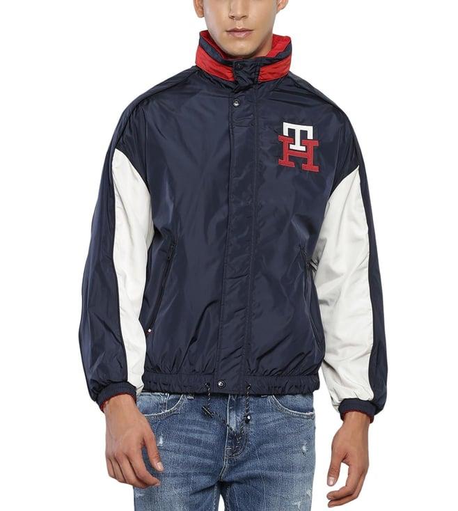 tommy hilfiger blue & white colour-block regular fit reversible jacket