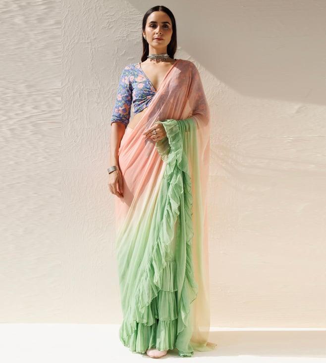 geroo jaipur green-peach pleated ombre chiffon saree