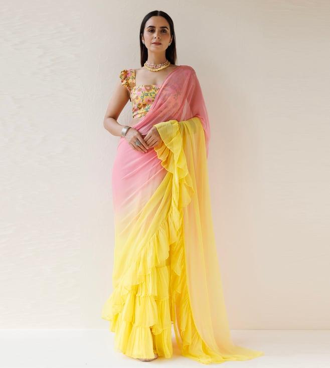 geroo jaipur yellow-pink pleated ombre chiffon saree