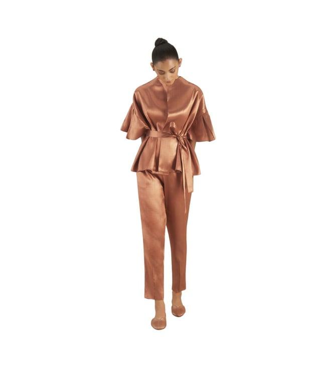 ampm metallic copper qainaat copper zeina cape with pant and belt