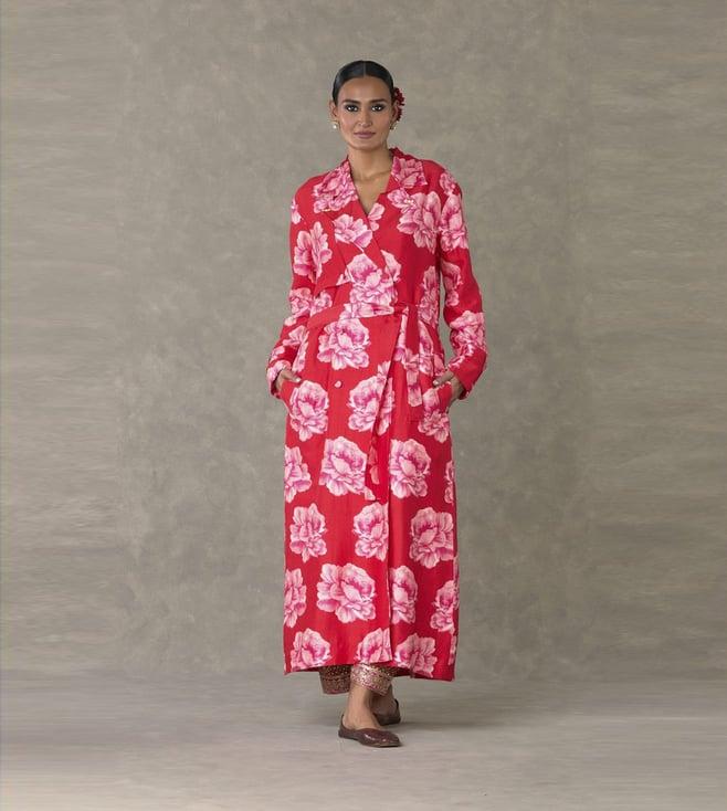 masaba red nurvi trench coat with tube and salwar