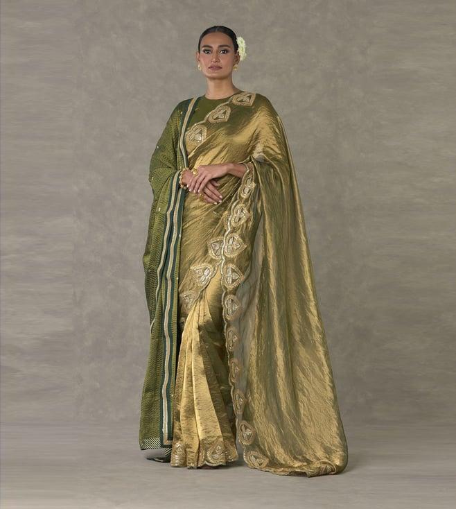 masaba green paan tissue saree with blouse piece and dupatta