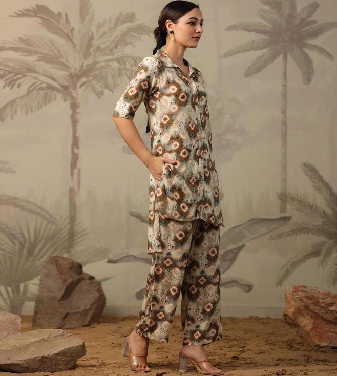 scakhi beige rayon shibori print top with pant co-ord set