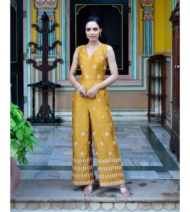 lirose mustard pure moss modal rayon satin heavy embroidered jumpsuit