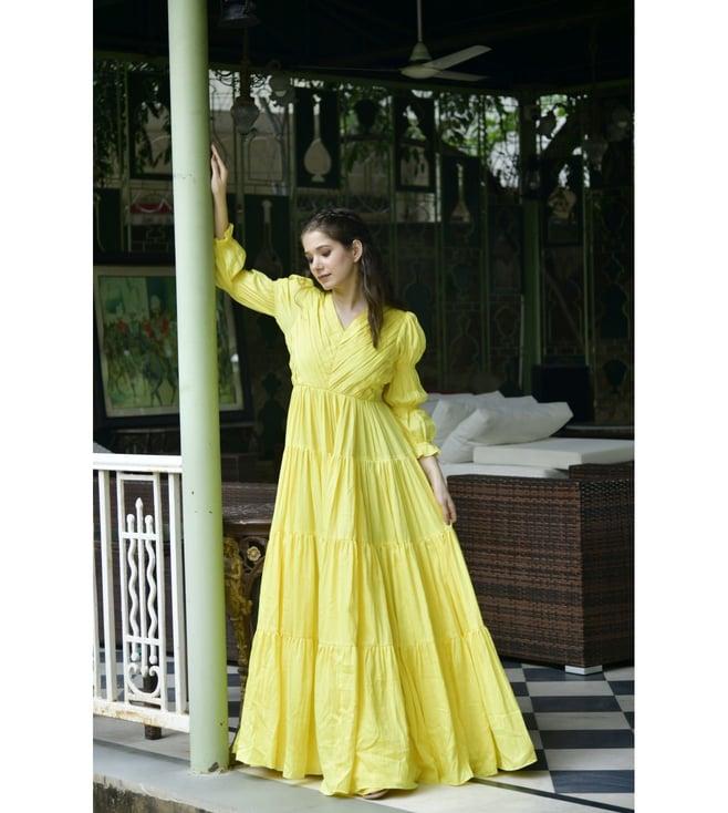 lirose yellow pure cotton satin plain dyed full dress