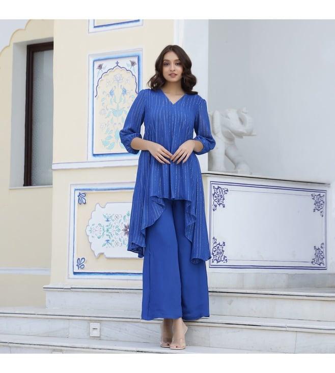 lirose blue lurex glam georgette up-down top & wide leg pants co-ord set