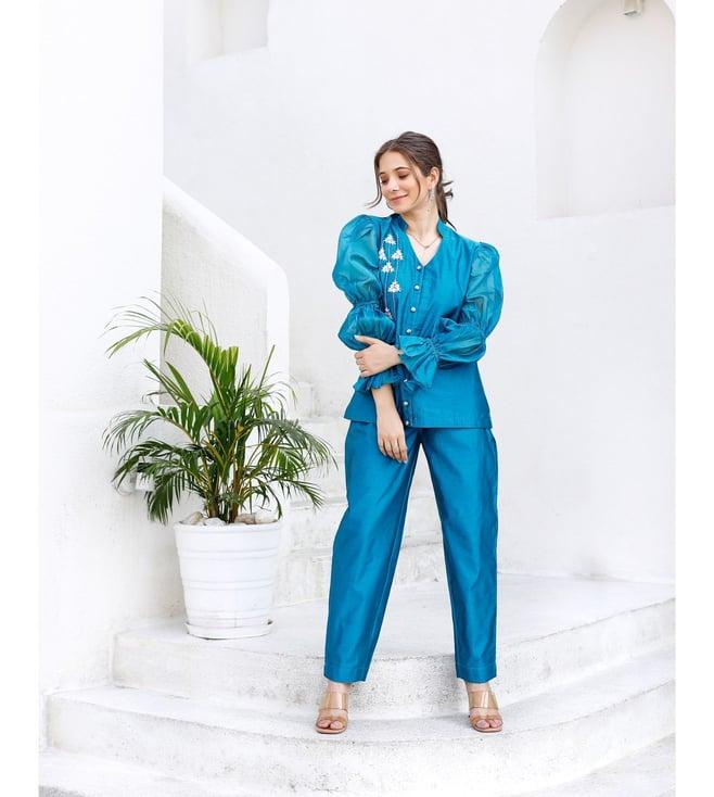 lirose teal pure chanderi with handwork top with pant co-ord set