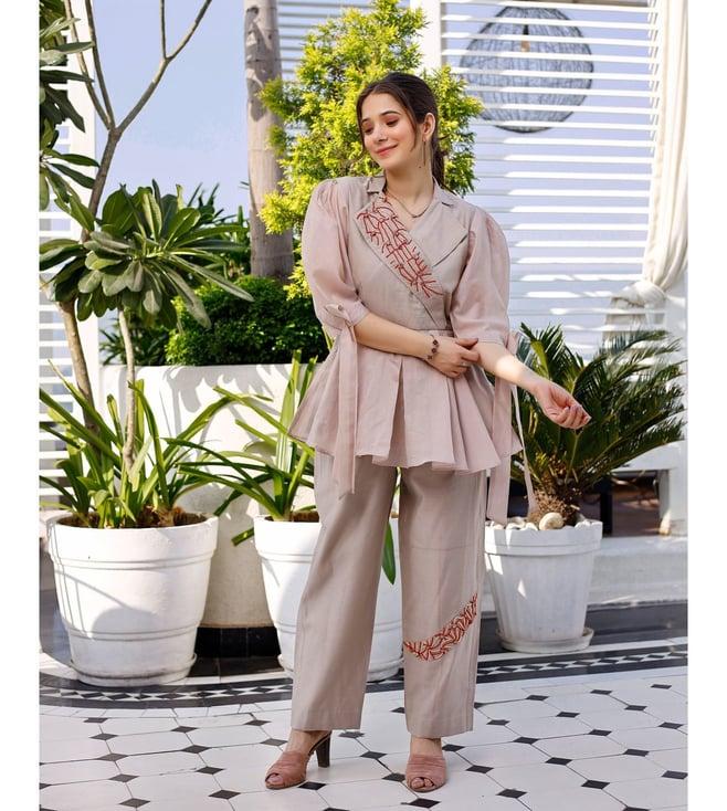 lirose mauve pure chanderi with handwork top with pant co-ord set