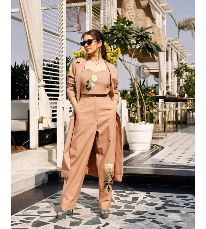 lirose brown carina crop top with pant and jacket co-ord set