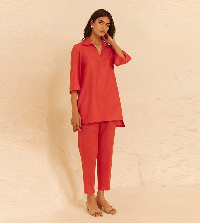 inching india orange gul linen tunic with pant co-ord set