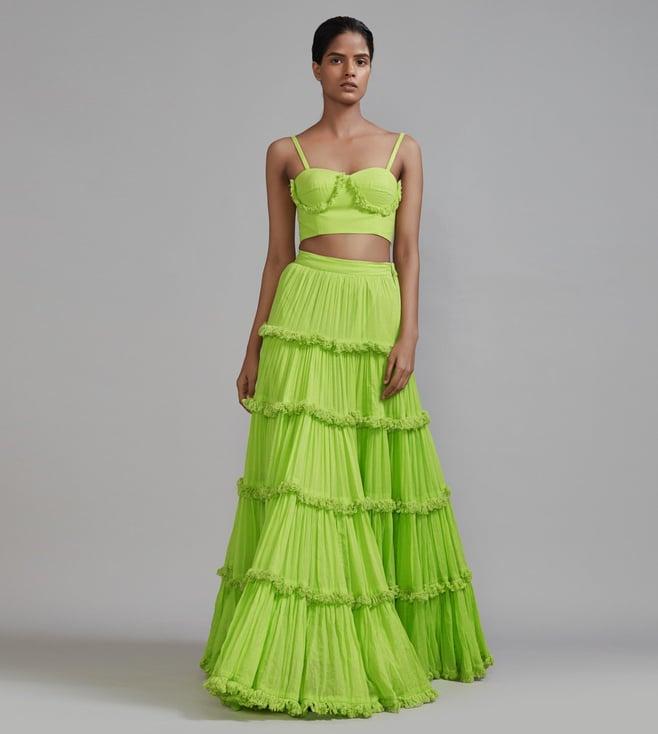 mati neon green fringed tiered lehenga