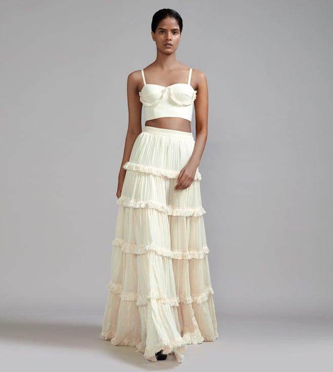 mati off-white fringed tiered lehenga