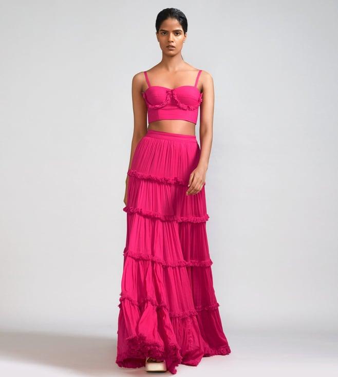 mati pink fringed tiered lehenga set - (2 pcs)