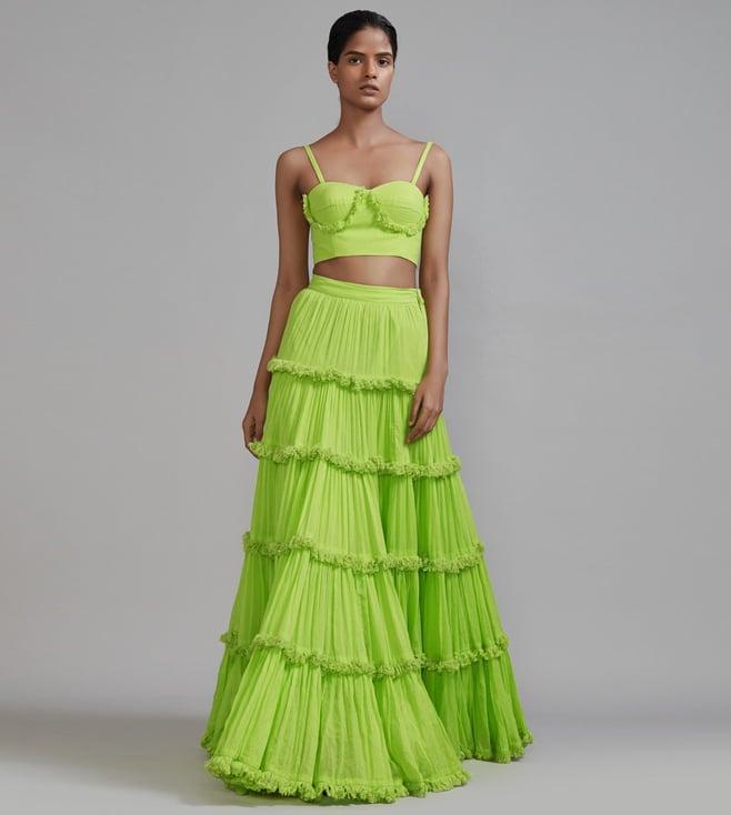 mati neon green fringed tiered lehenga set - (2 pcs)