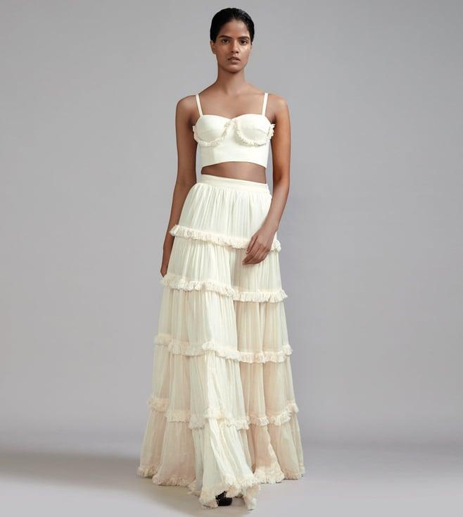 mati off-white fringed tiered lehenga set - (2 pcs)