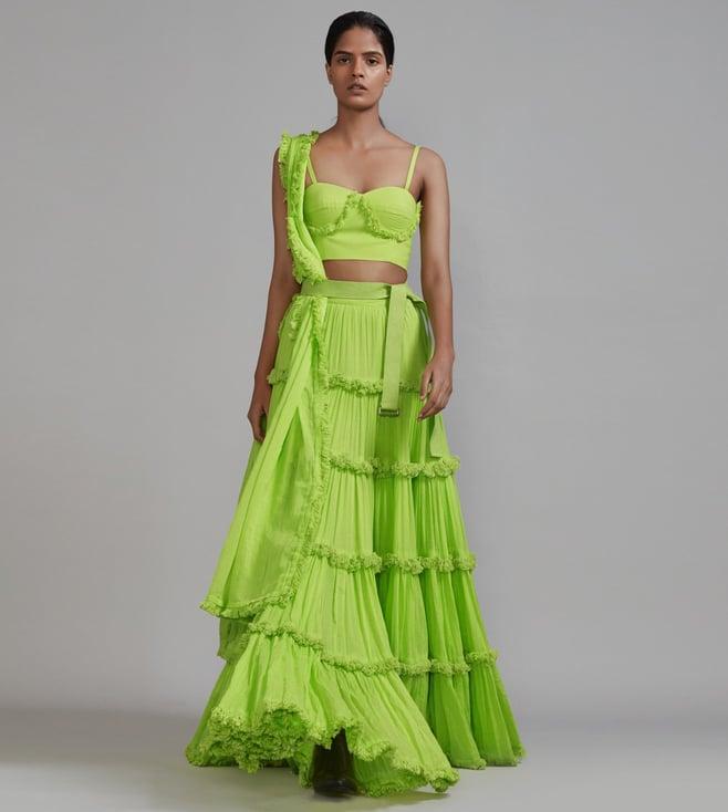 mati neon green fringed tiered lehenga set - (3 pcs)