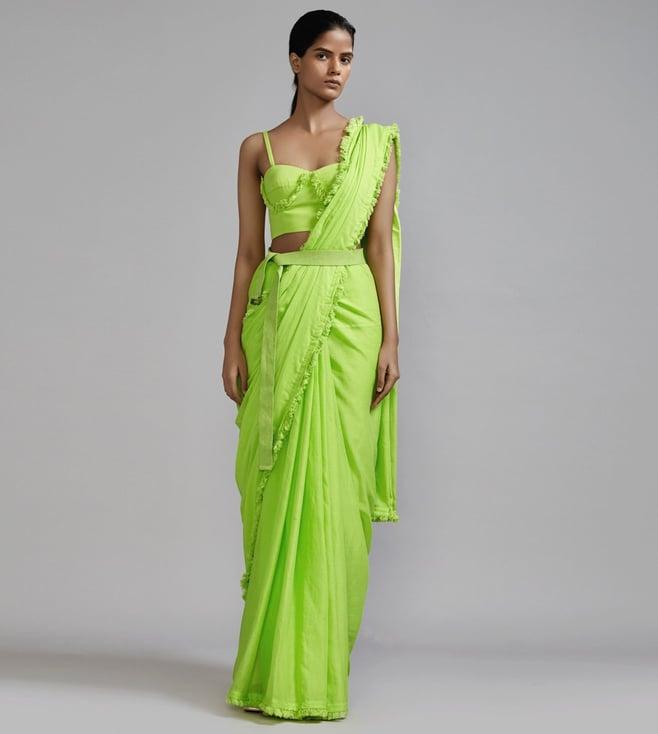 mati neon green fringed saree