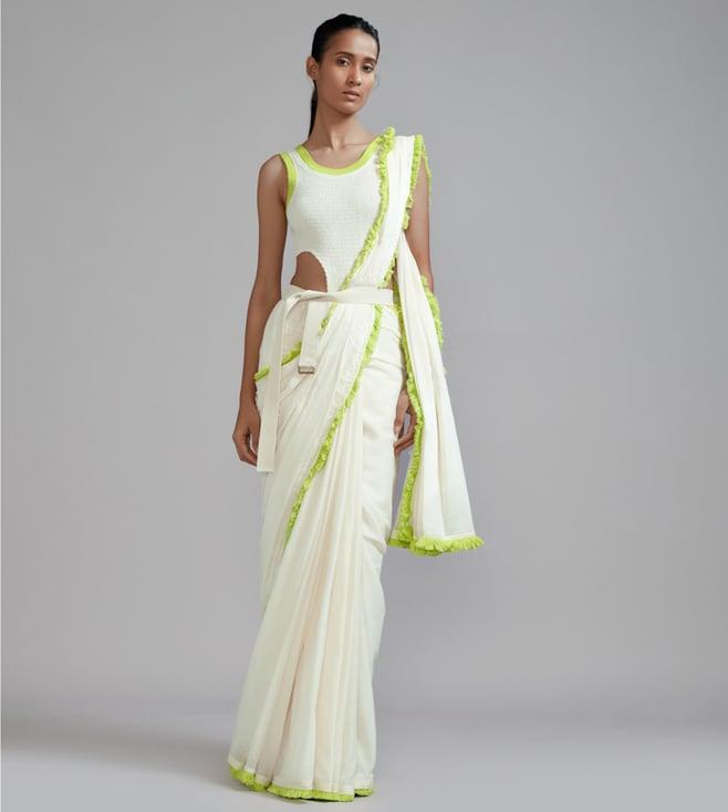 mati off-white with neon green fringed saree