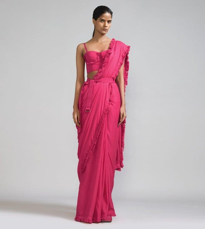 mati pink fringed saree & fringed corset set - (2 pcs)