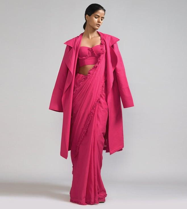 mati pink fringed saree-corset-jacket set - (3 pcs)