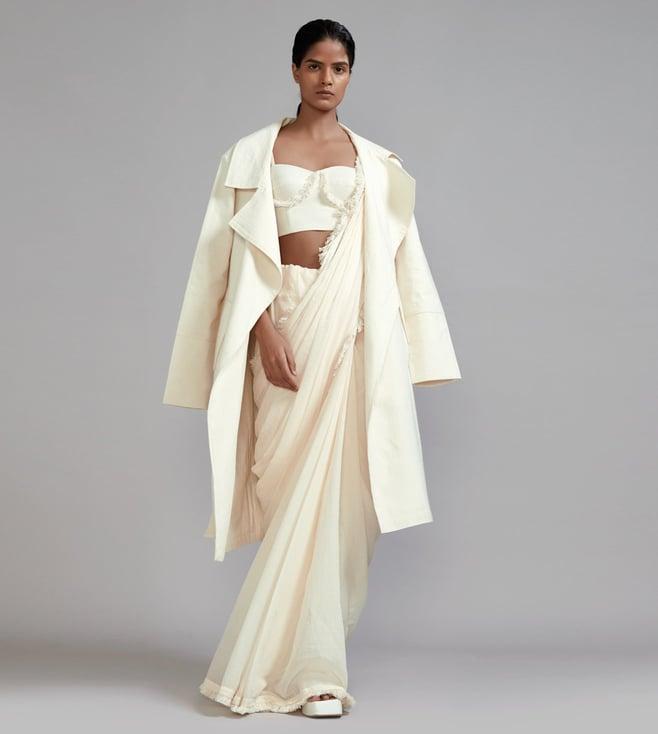 mati off-white fringed saree-corset-jacket set - (3 pcs)