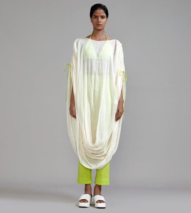 mati off-white with neon green gathered cowl tunic