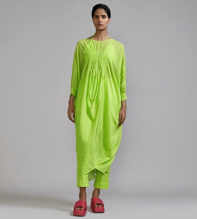 mati neon green smocked cowl tunic