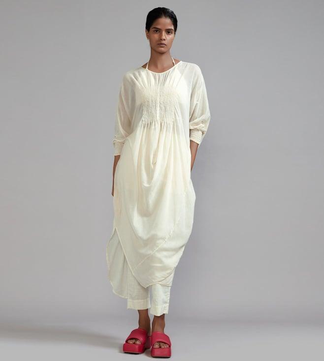 mati off-white smocked cowl tunic