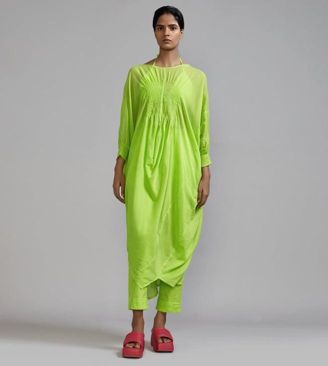 mati neon green smocked cowl tunic set - (3 pcs)