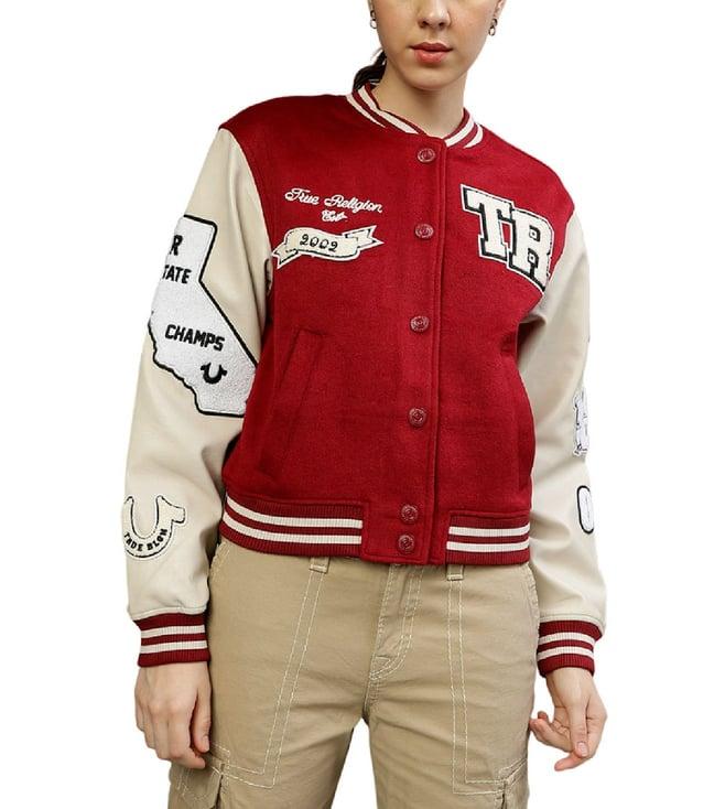 true religion red fashion color block regular fit varsity jacket