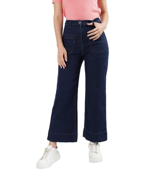 iconic flared fit dark blue rinse washed mid rise jeans