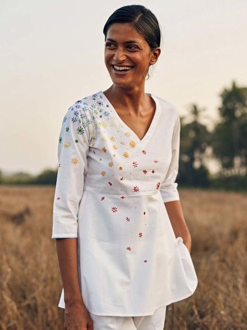 okhai melange white pure cotton hand embroidered tunic