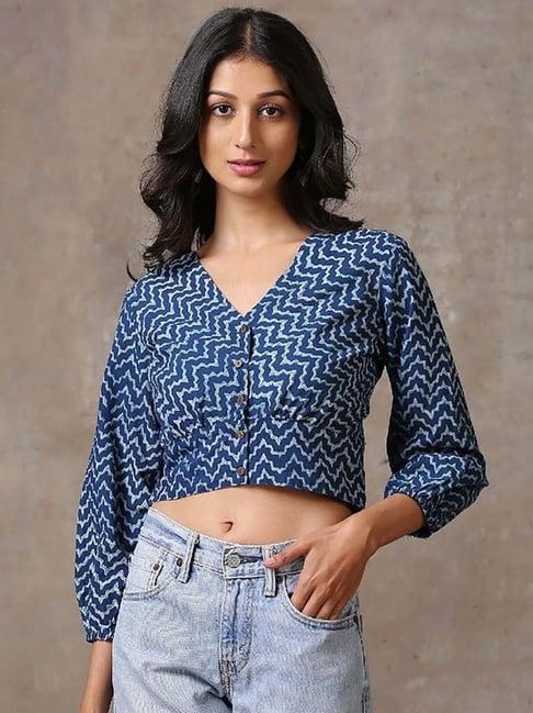 okhai riverine blue pure cotton printed crop top