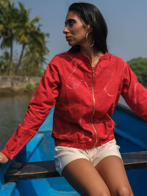 okhai maritime red pure cotton hand embroidered jacket