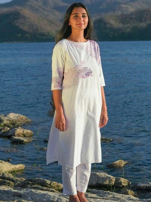 okhai tide white pure cotton hand embroidered kurta pant set