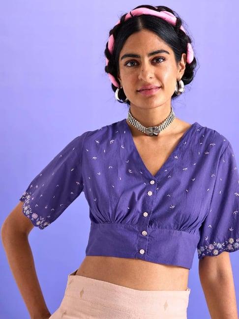 okhai dark purple embroidered crop top