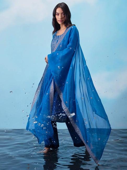 soch blue embroidered unstitched dress material