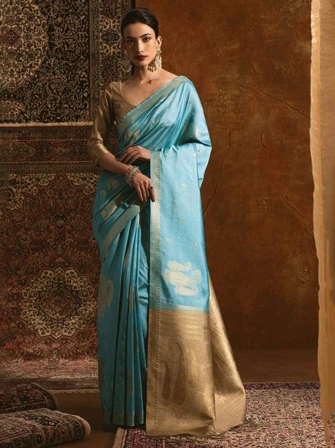 soch turquoise & beige woven saree with unstitched blouse