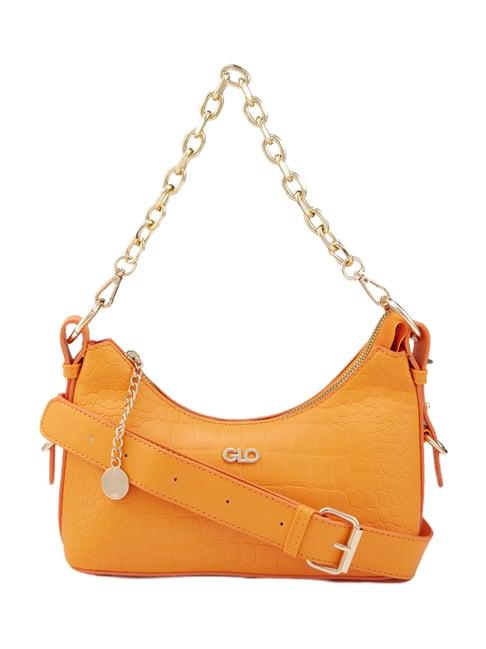 globus orange crocodile textured small hobo bag