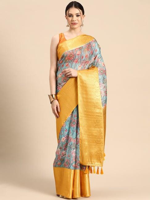 silk land blue & gold printed saree with unstitched blouse