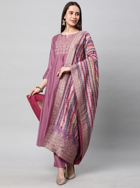 kami kubi onion pink embroidered kurta with pant & dupatta