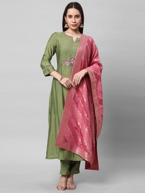 kami kubi green embroidered kurta with pant & dupatta