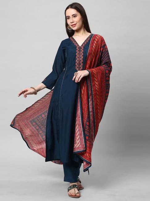 kami kubi blue embroidered kurta with pant & dupatta