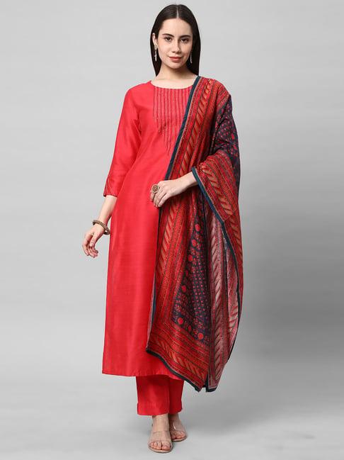 kami kubi dark pink embellished kurta with pant & dupatta