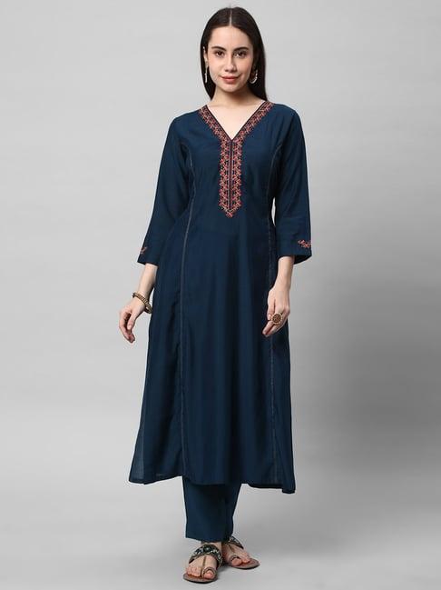 kami kubi blue embroidered a line kurta