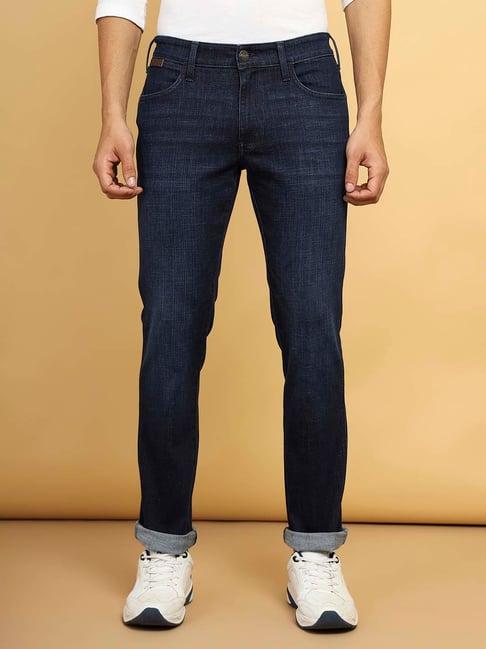 wrangler navy regular fit lightly washed jeans